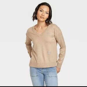 NWT Knox Rose Camel Colored Cashmere Like Sweater With Sequin‎ Like Stars